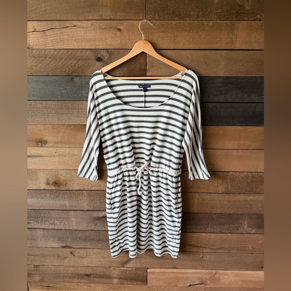 Gap Striped Knit Dress Black White Tie Waist Casual Mini Small